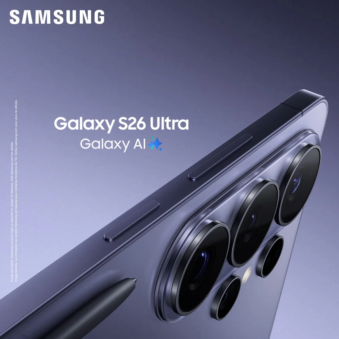 A silver Galaxy S26 on a blue background next to the words "Galaxy AI" in white and "Preorder now".